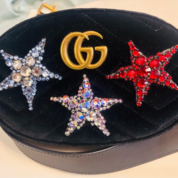 Gucci Handbags - Gucci Crystal Star Marmont Black Velvet Belt Bag